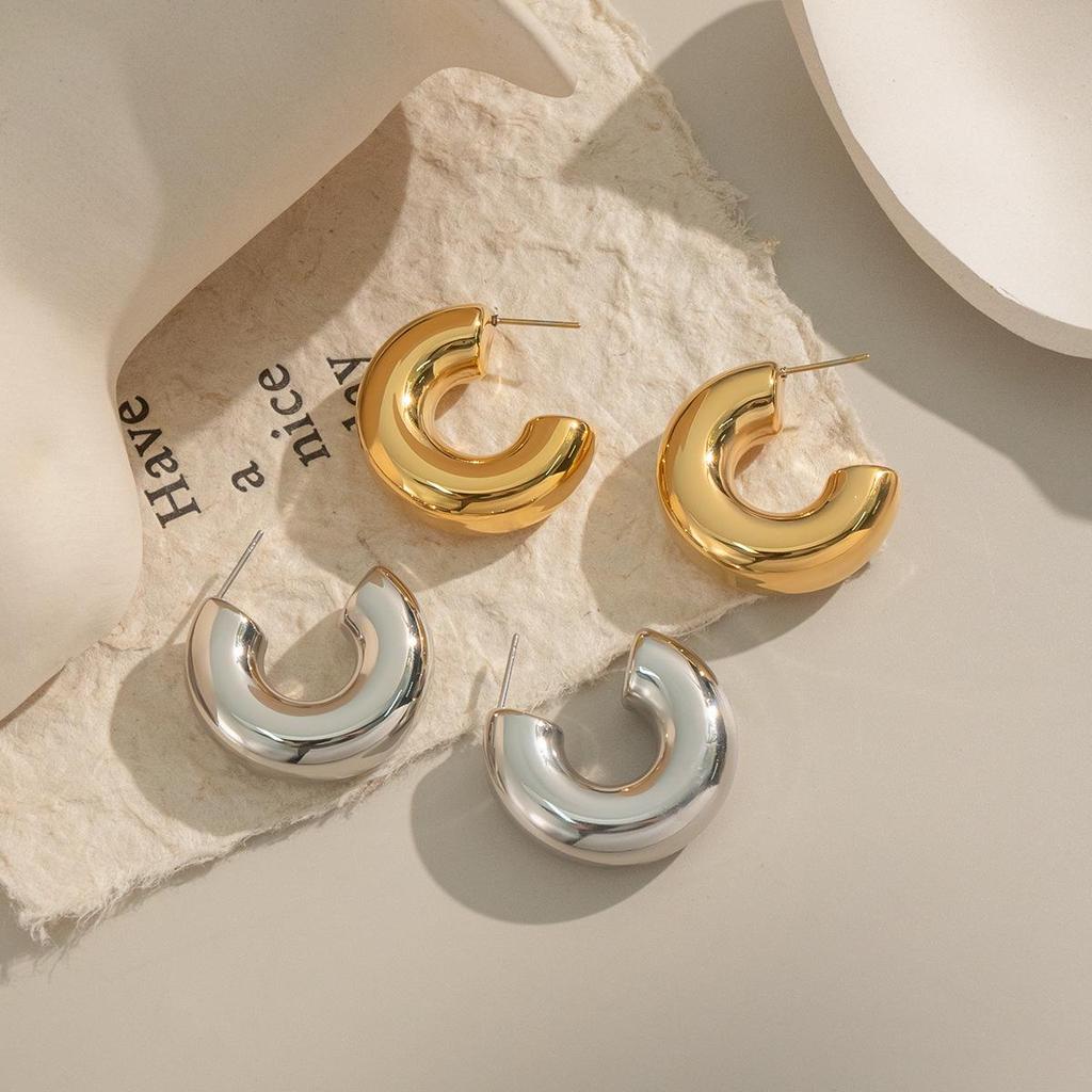 18K Gold Stainless Steel C-Shaped Hoop Earrings - Fashionable, Non-Fading, Versatile Women's Jewelry 