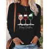 Christmas-themed Mug Pattern and Letter Print, Long-sleeve Crewneck Women's Black T-shirt, Suitable for Autumn and Winter