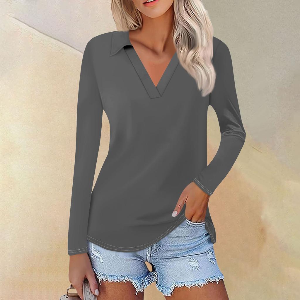 Women's Summer Fashion Casual Solid Color Printed V-Neck Long Sleeve Shirt Top
