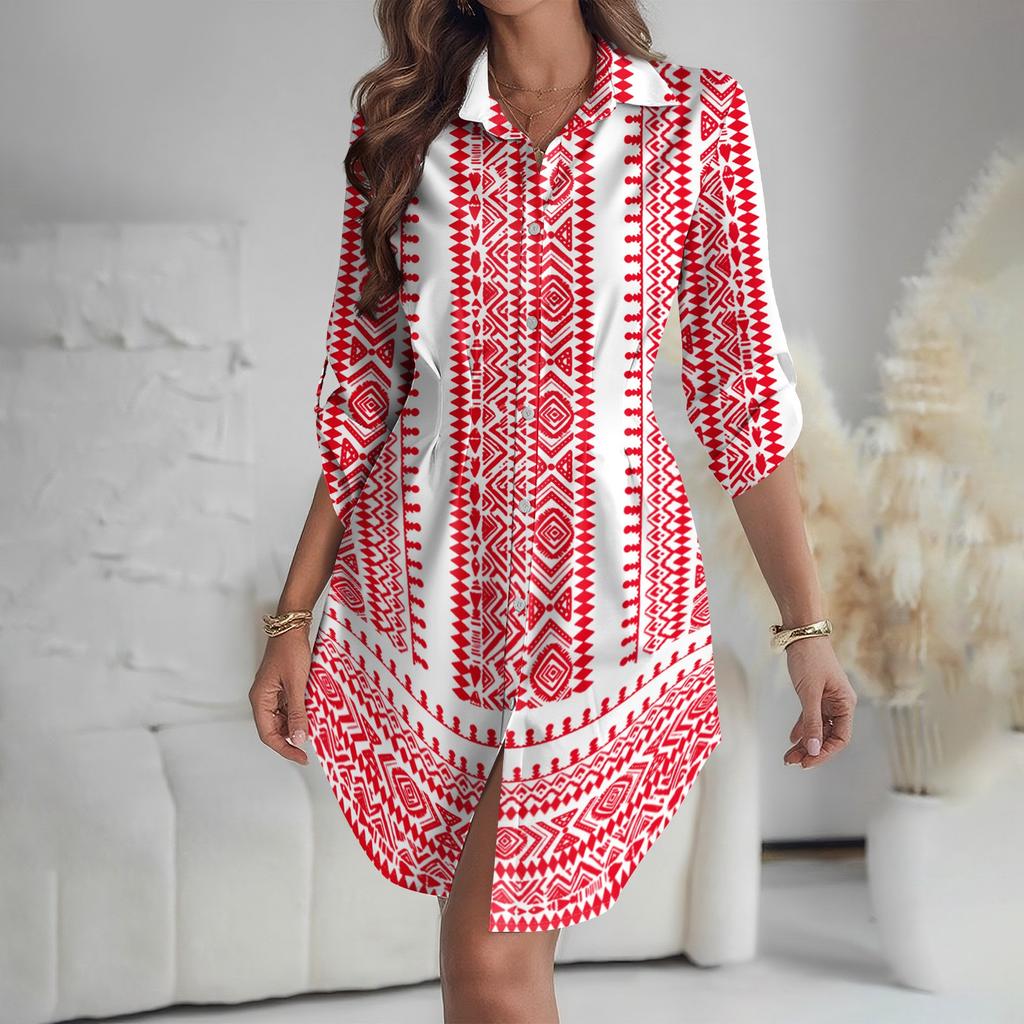 Women's Loose-fitting V-neck Long-sleeved Dress Print Work Shirt Dress