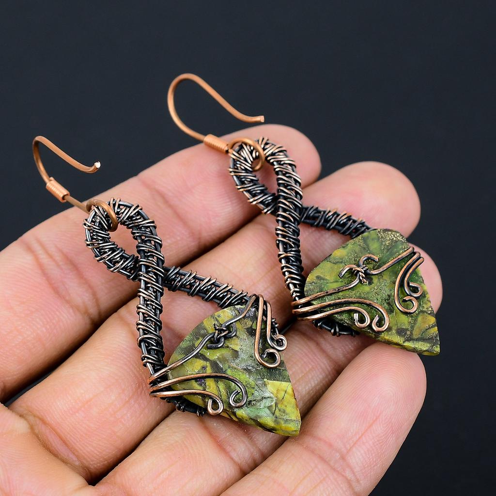 Copper Green Turquoise Handmade Copper Wire Wrap Earring 2.72 R6f53