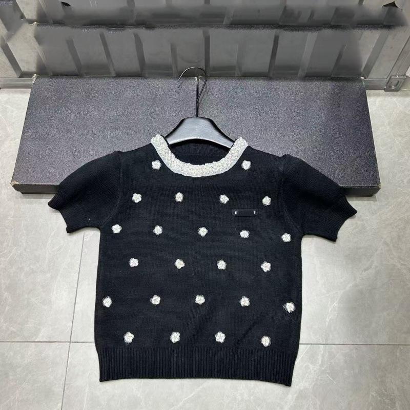 Miu-Style European High-Quality Early Spring 3D Floral Round Neck Knit Short-Sleeve Casual Pullover Top