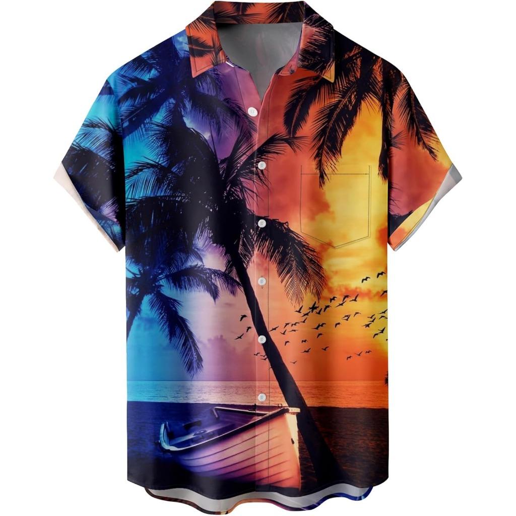 Summer Men's Gradient Sketch Coconut Tree 3D Print Shirt, Retro Hawaiian Tropical Quick-Drying Loose Aloha Shirt