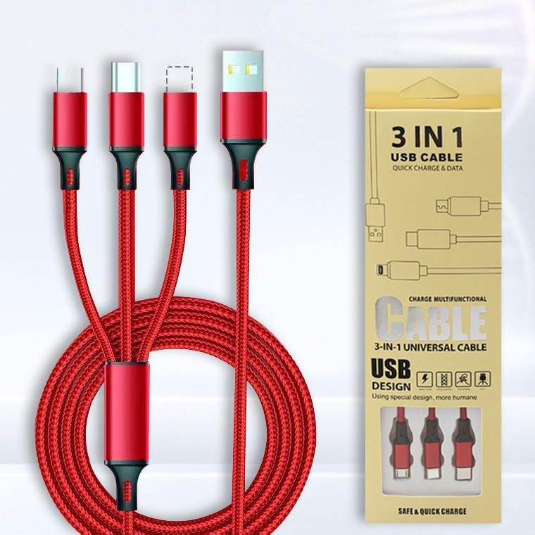 Nylon Braided 3-in-1 Fast Charge Cable for Apple, Android, and Type-C Devices (3A)