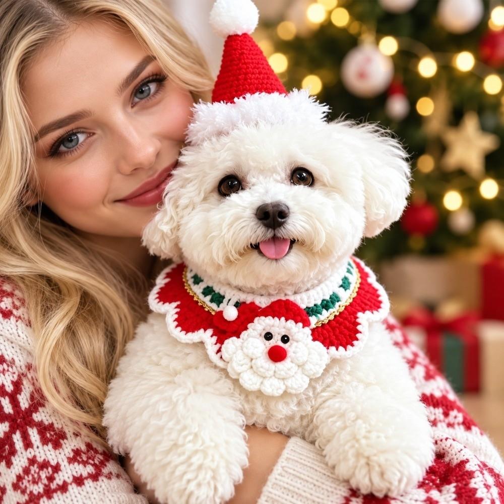 Red Bowknot Christmas Pet Neckwear Yarn Pet Holiday Bib Xmas Puppy Outfit Cat Santa Hat  New Year