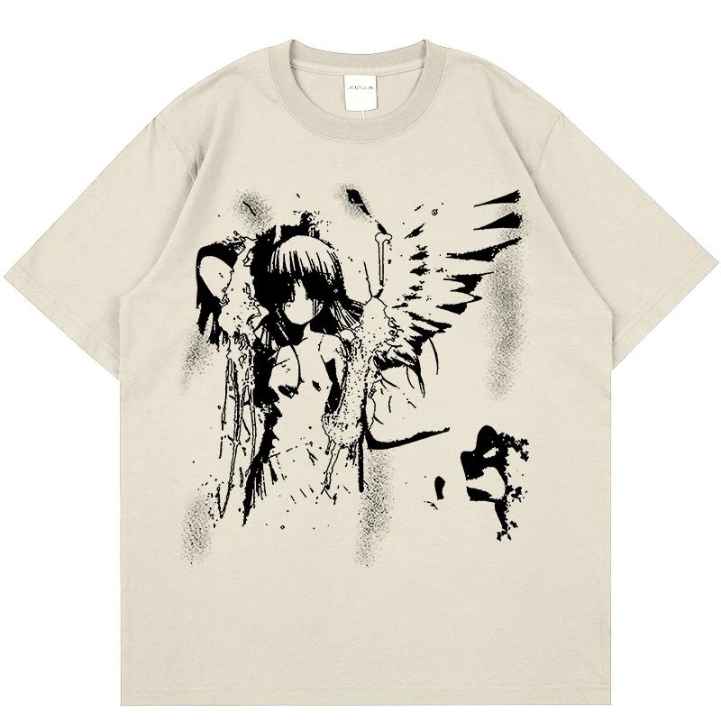 2025 Trend Harajuku Japanese Anime T-shirt Cartoon Angel Wings Graphic T-shirt 100 Cotton Y2K Top Street T-shirt
