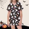 Kids Halloween Print Short Sleeve Pajama Set with Lapel Collar Top and Matching Shorts
