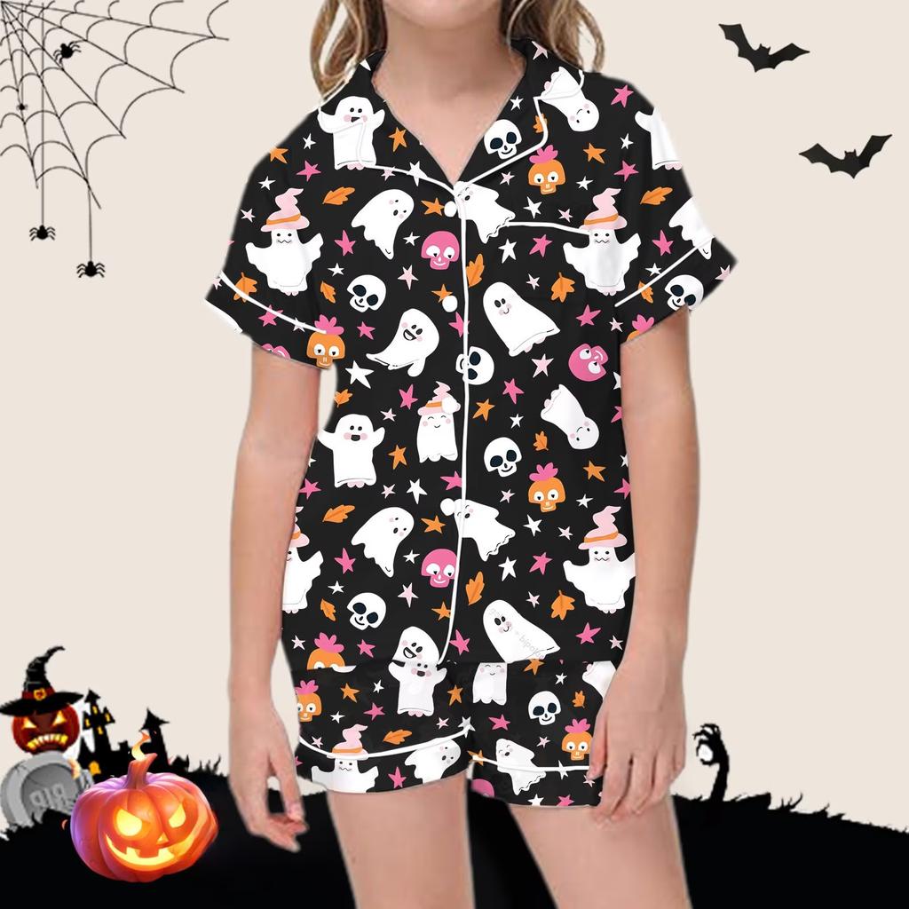 Kids Halloween Print Short Sleeve Pajama Set with Lapel Collar Top and Matching Shorts