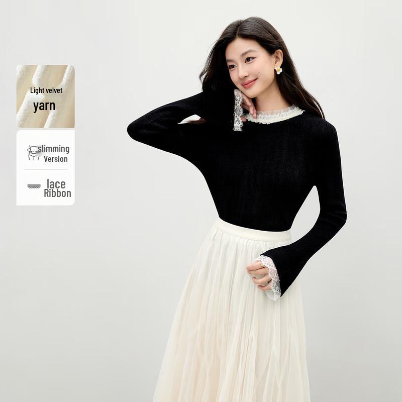 

Qiushui Yiren Женский элегантный вязаный топ с кружевным воротником и рукавами-колокольчиками M