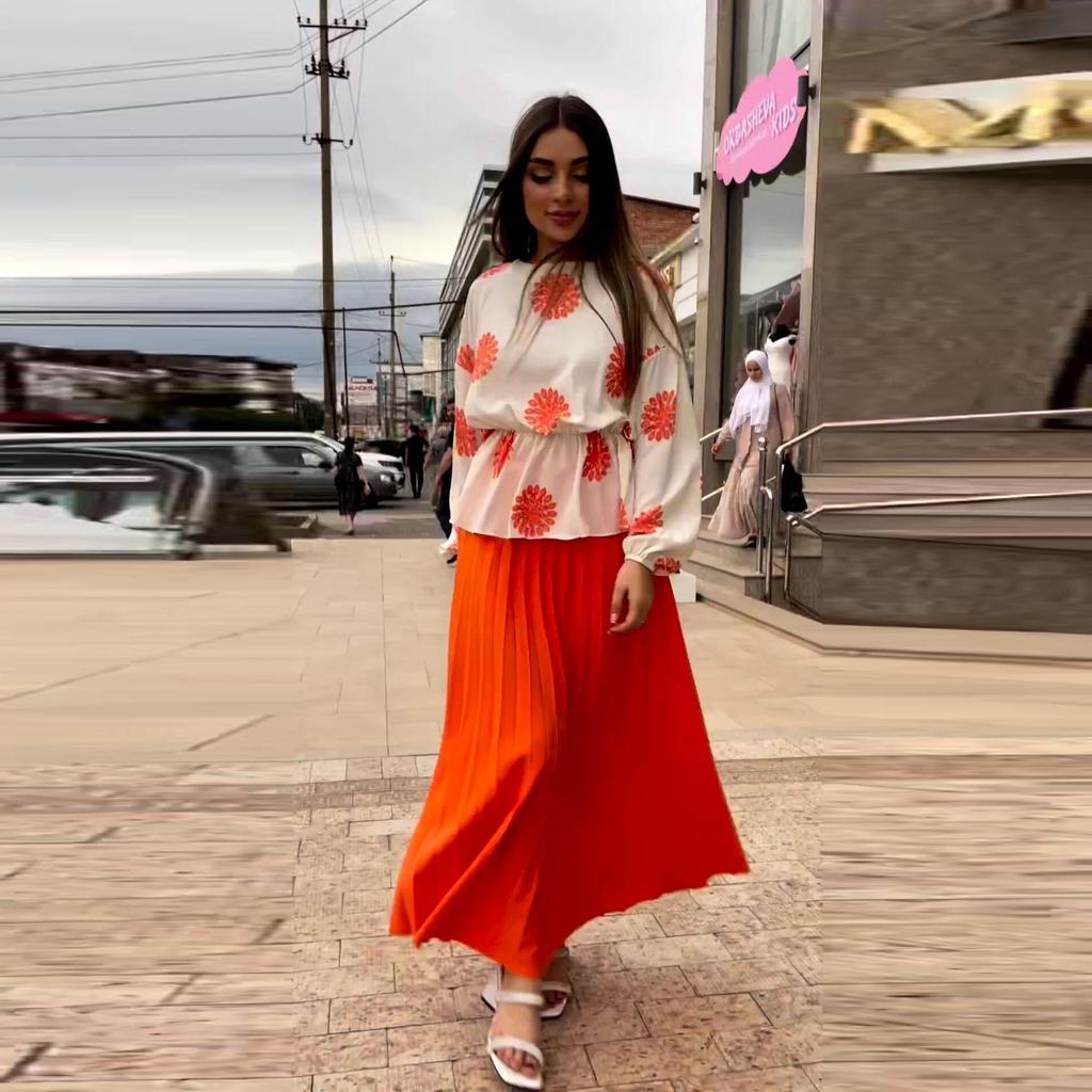 Europejski i Amerykański Styl Damski Zestaw Top z Długim Rękawem i Spódnica z Wysokim Stanem, Kolekcja 2024