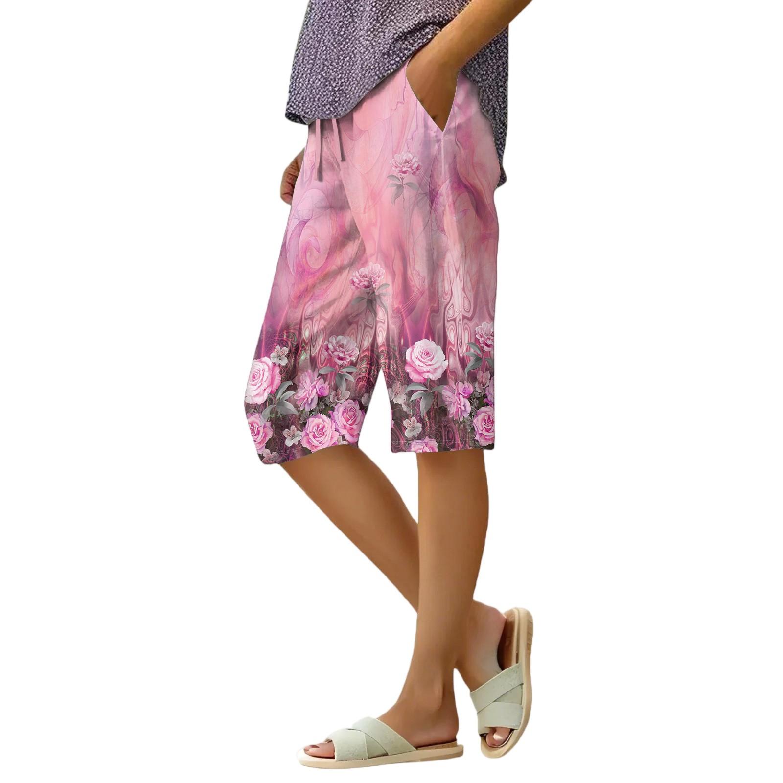 

Женские летние свободные шорты из хлопка и льна с эластичным поясом и цветочным принтом M