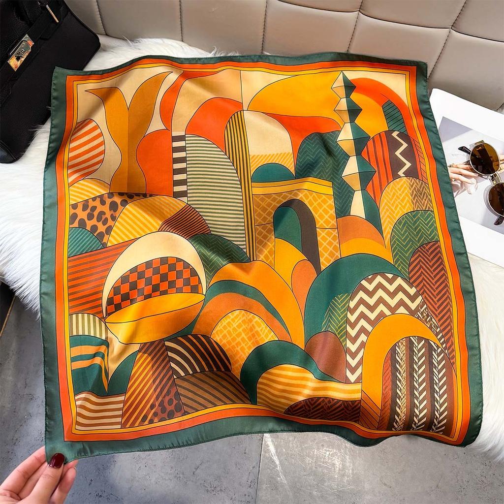 Light luxury three-dimensional geometric printing medium square scarf imitation silk contrasting color silk scarf trendy cool wear decorative neck sca