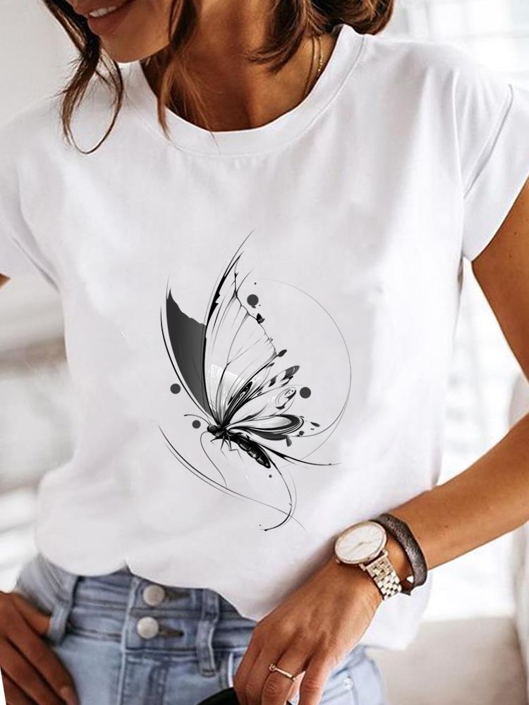(Asian Size)  Clothing T Shirt Fashion feather trend sweet Tee Print Lady Women Casual Top Short Sleeve Female Graphic T-shirts