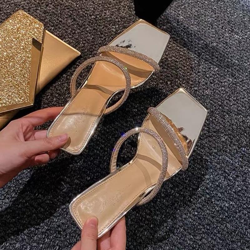 Fashion 2025 Open Toe Anti Slip Roman Sandals Summer New Rhinestone High Heels Sexy Stiletto Heels Square Toe Slippers Women