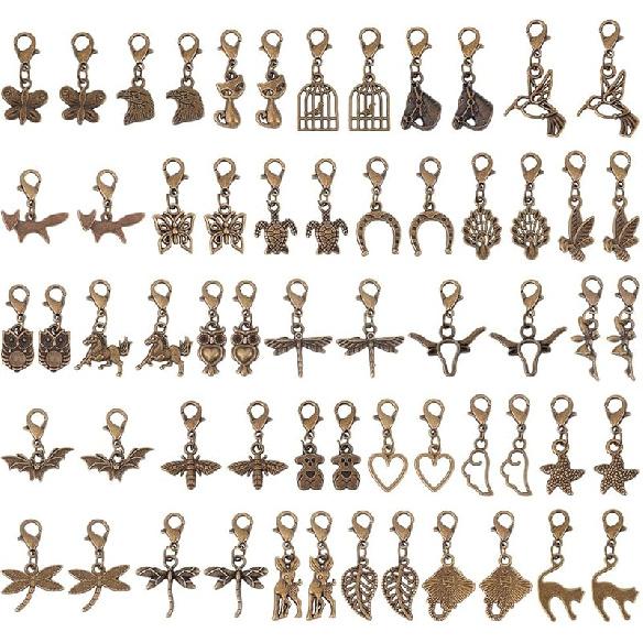 60Pcs 30 Styles Clip on Charm Pendants 22.5-35.5mm Dangle Charms with Lobster Clasp Mixed Styles Craft Charm for Jewelry Making