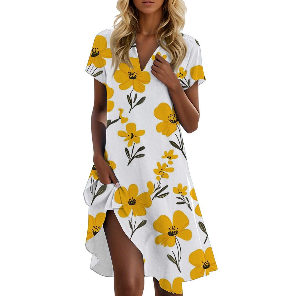 Women's Casual Fashion Stand Collar Floral Print Short Sleeve Dress