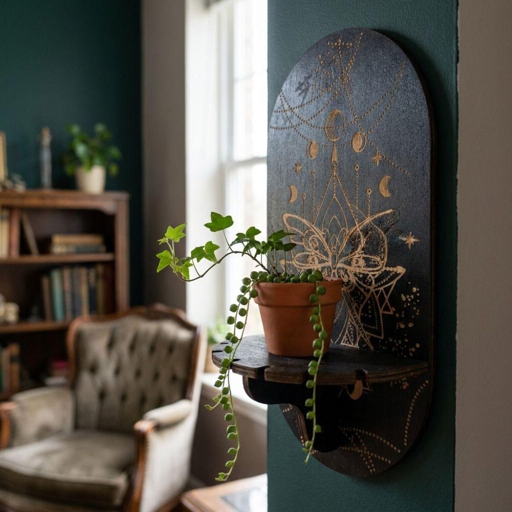 Gothic Wooden Wall Mounted Shelf Sun Moon Butterfly Wall Storage Rack Hanging Design 2D Printed Wall Decoration Bedroom
