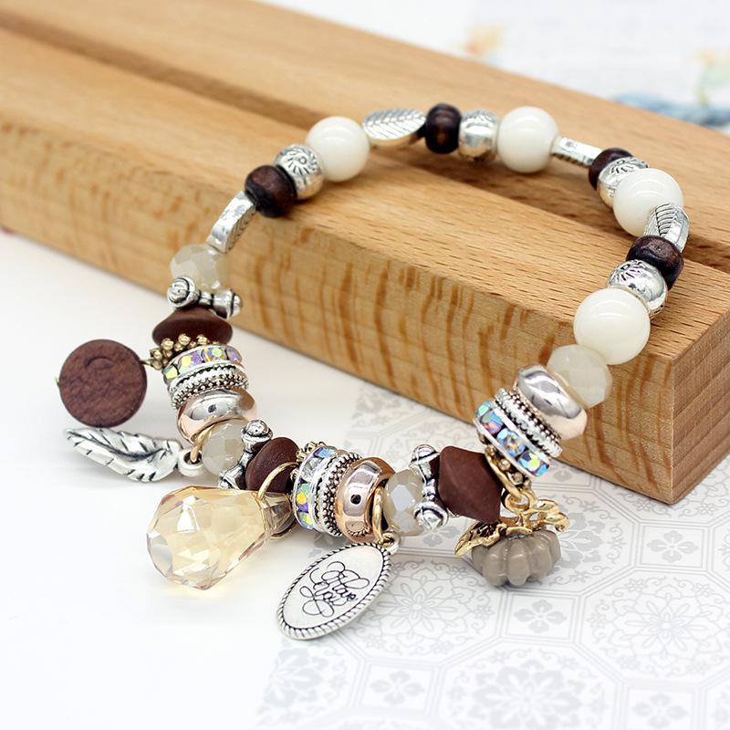 SCIONE 2020 Fashion Bohemian Small Fresh Crystal Wooden Beads Retro Ladies Bracelet