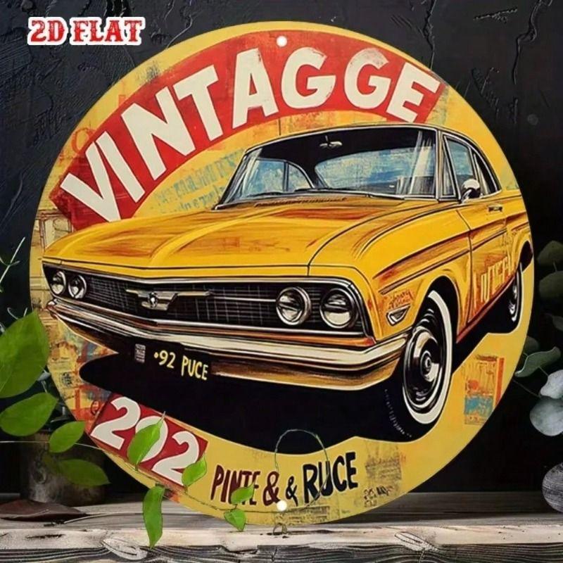 

Metal Wall Art Vintage Muscle Car Retro Garage Decor, 7.87 Inch Round Aluminum Sign for Bar