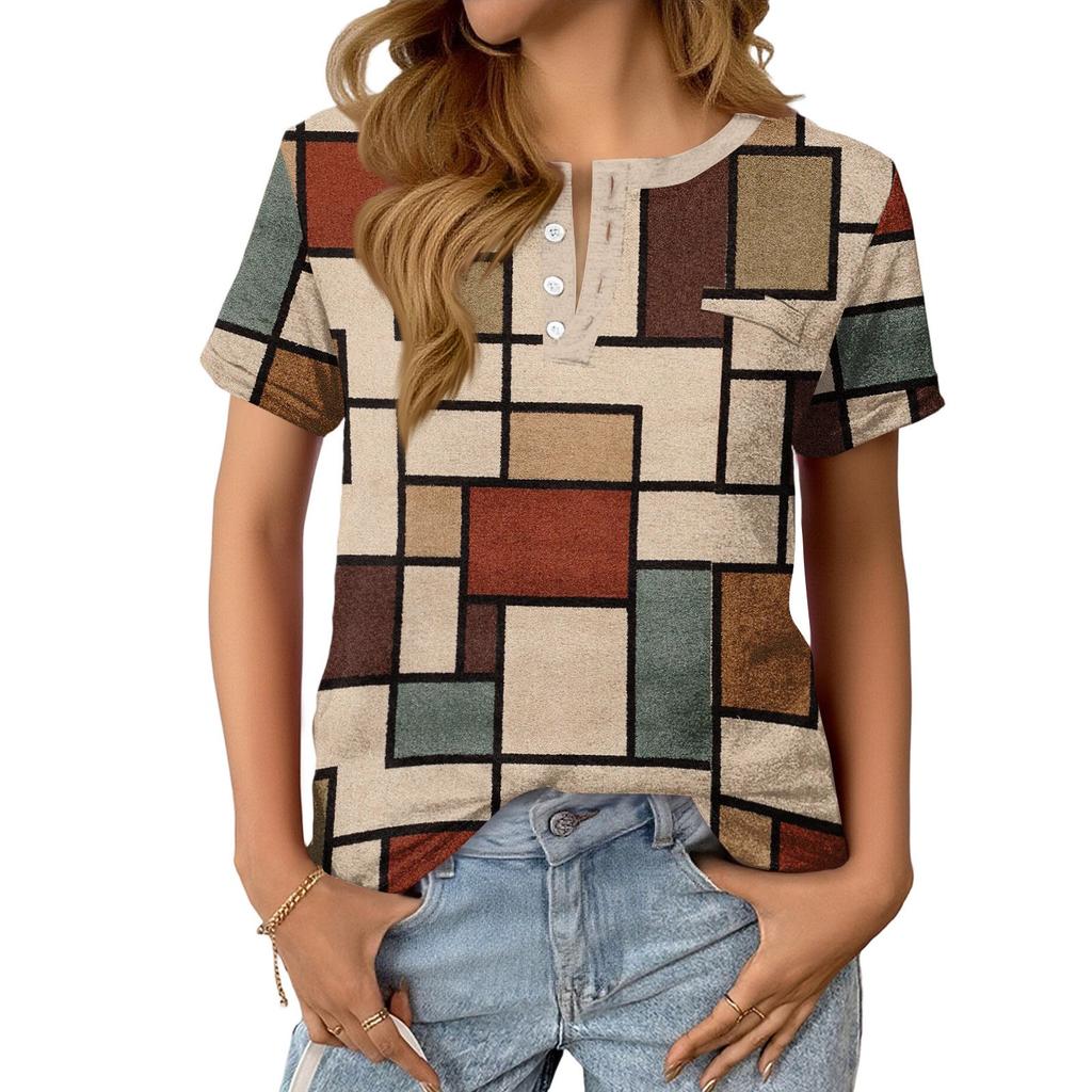 Women's Fashionable Casual Summer Plaid Print V-neck Button Short-sleeved Top
