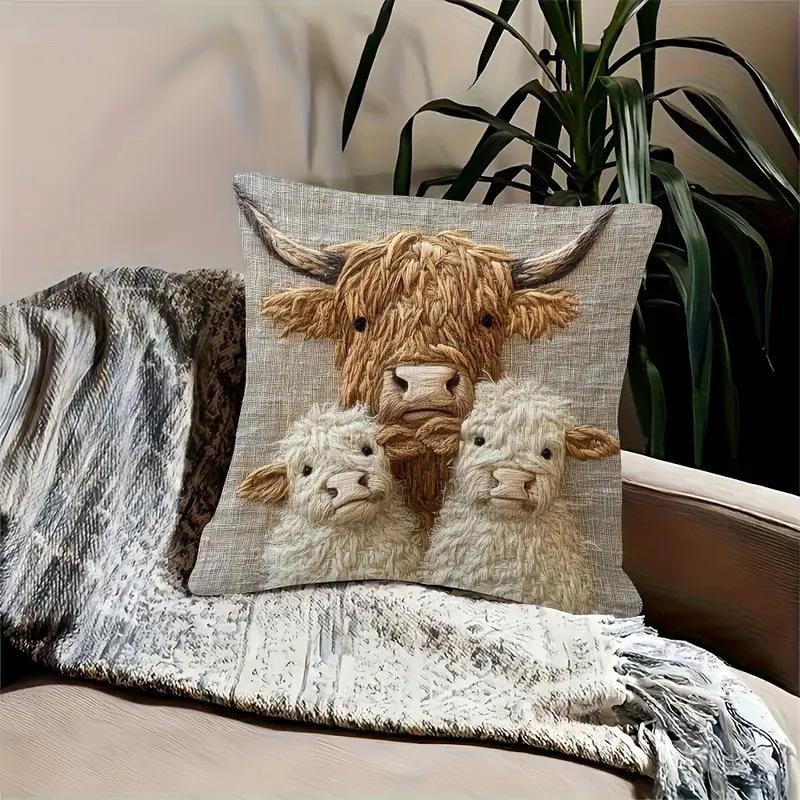 Decorative Pillow Case "Scottish Cow Family" In Soft Polyester, 45cm X 45cm, with Zipper
