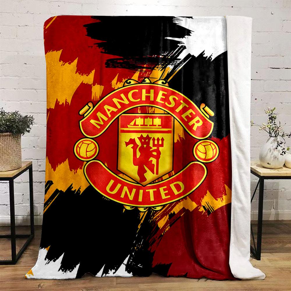 Bold Red, Yellow, Black Brush Strokes with a Central Manchester United Crest. for All Seasons Blanket Lunch Break Throw Gift