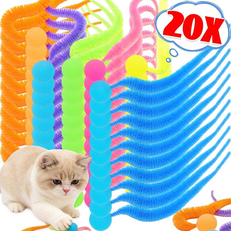 1/20x Twisted Worm with Fluorescent Bouncing Ball Colorful Elastic Strips Cats Pets Interactive Caterpillar Toy Pet Supplies