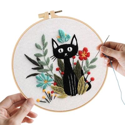 Cat Embroidery DIY Material Kit Cat Stamped Thread Embroidery Kit For Beginners Handmade Thread Hoop Needle Set