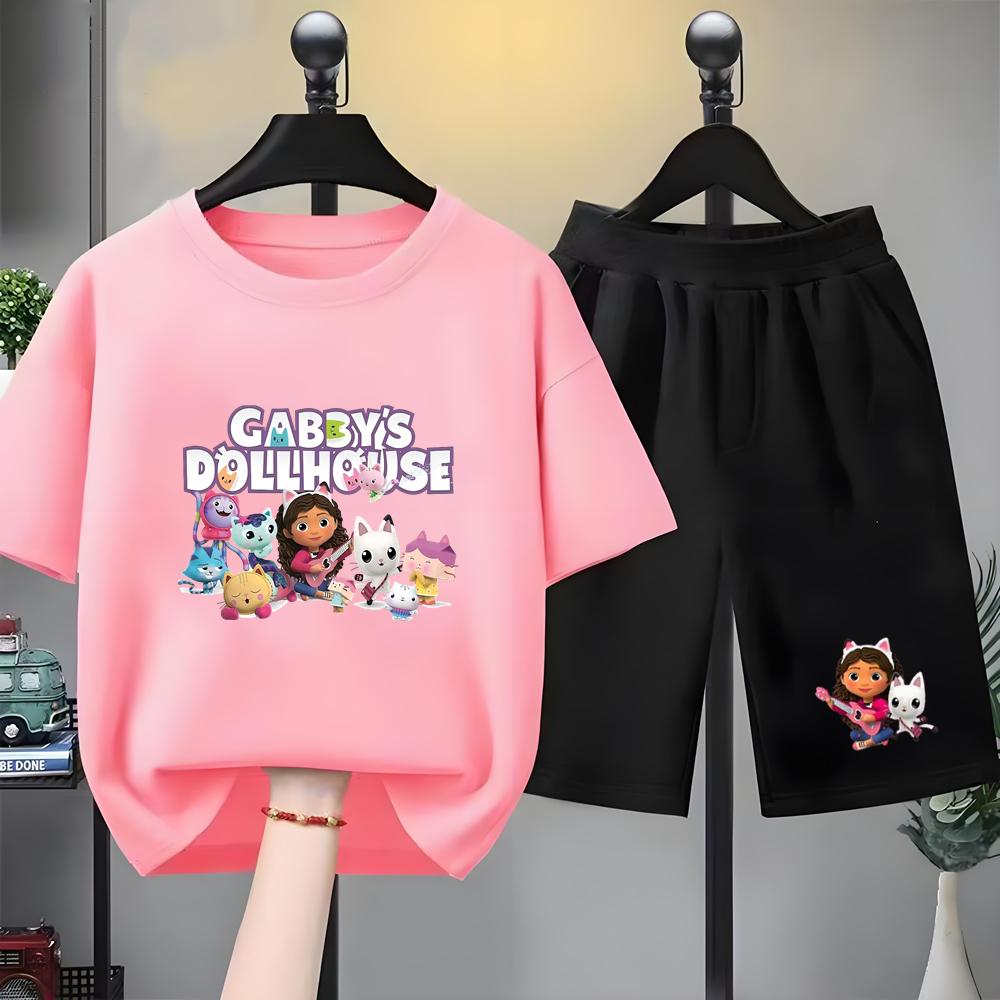 Children Summer Clothing Tshirt+Shorts Gabbys Dollhouse Print Boy Girl Toddler 3-12Yrs Short-Sleeved cool leisure Set