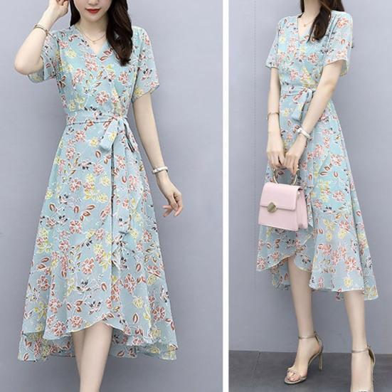 Květinové šaty pro ženy Výstřih do V Krátký rukáv Splývavé Zavinovací Midi šaty Volány Nepravidelný lem Áčkový střih Plážové Prázdninové šaty