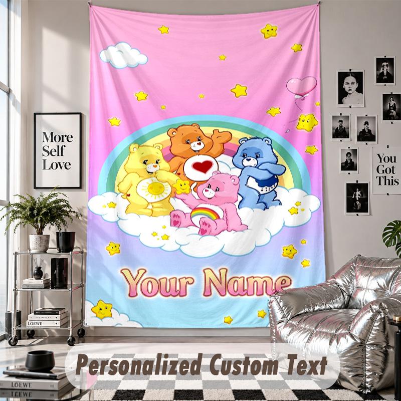 Wall Hanging Tapestry With Custom Name & Text, Care Bears Decorative Tapestry For Bedroom