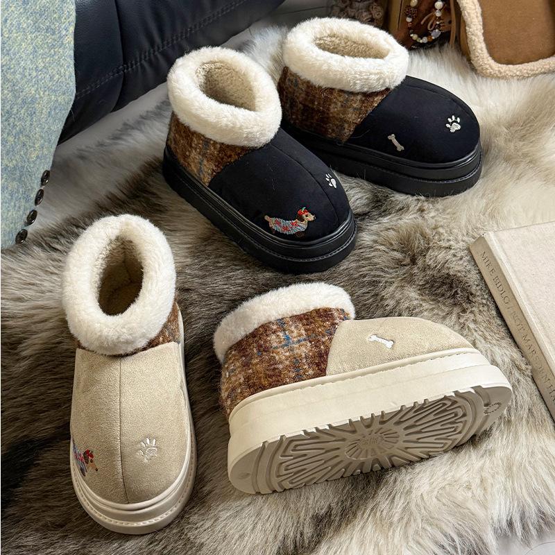 Women's Retro Fashion Lightweight Soft Sole Winter Warm Fur One Snow Boots Padded Lined Non-slip Casual Sports Martin Cotton Boots