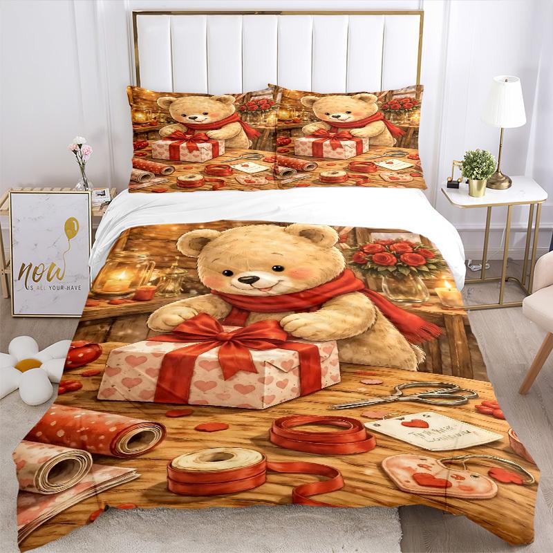 3pcs Anime Teddy Bear Bedding Set - Includes One Quilt Cover and Two Pillowcases (No Core) - Festive Gift for Home Decor, Bedroom and Guest