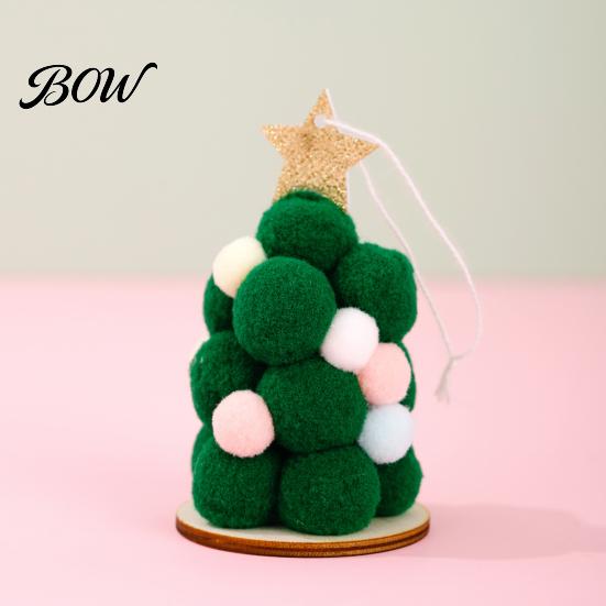 Festive Home Decoration Plush Christmas Tree Ornament, Cute Pom Balls Tree-Shaped Hanging Pendant Round with Star Topper for Wreath Party Handmade
