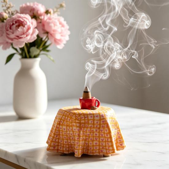 Hand-Painted Mini Table & Coffee Cup Backflow Incense Burner Smoke Waterfall Incense Holder