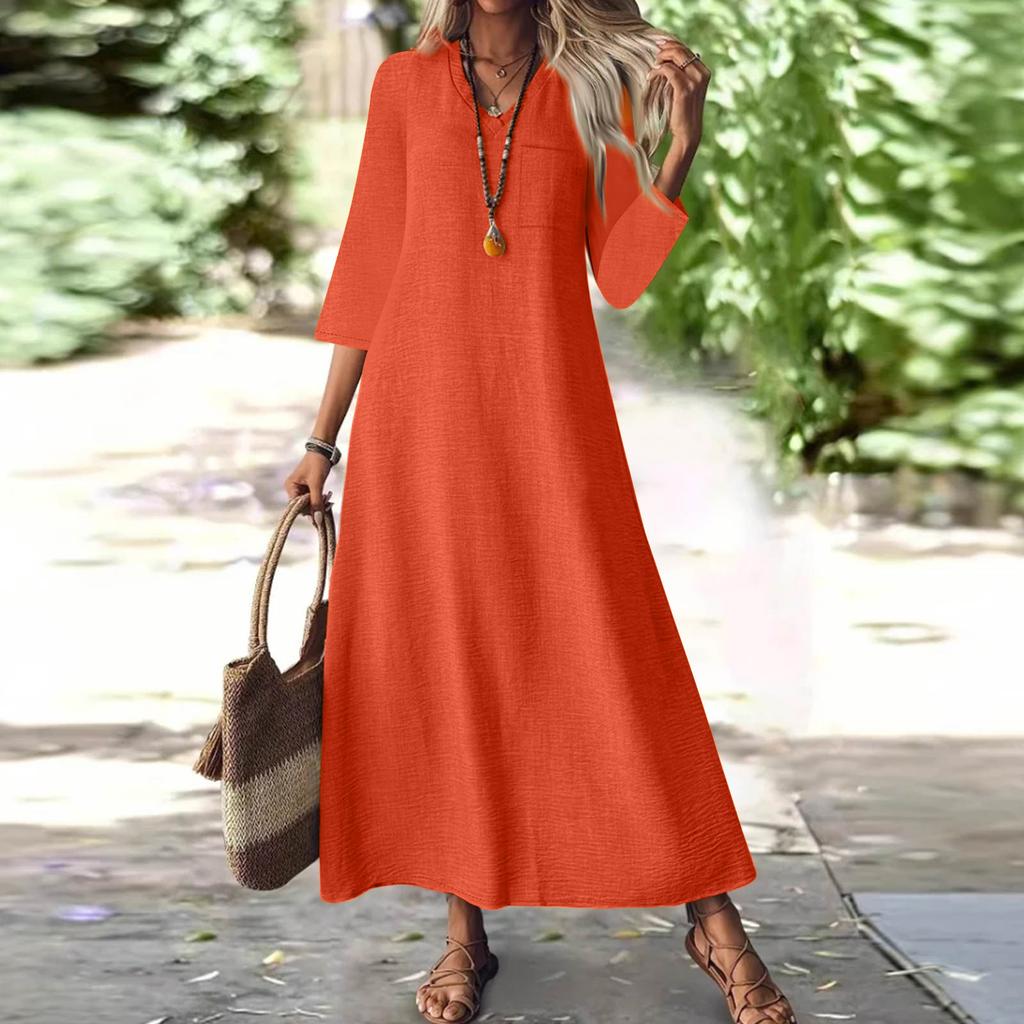 Women's Fashion V-Neck Seven Sleeve Pocket Color Zipper Casual Vacation Long Cotton Linen Dresses
