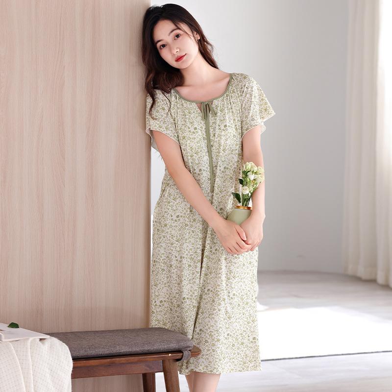 Pajamas Women's Summer with Chest Pads Short Sleeves Cotton Pajamas Skirts Long Summer Thin Maternity Large Size Dresses