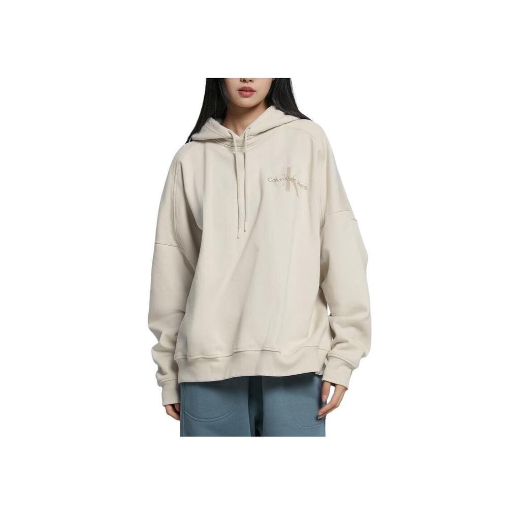 Calvin Klein Letter Print Hooded Oversized Fleece Pullover Sweatshirt Unisex Tops Beige J400191-ACF