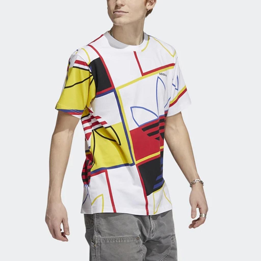 Adidas Originals Trefoil Contrast Full Print Logo Sport Crew Neck T-Shirt Men Tops White H31315