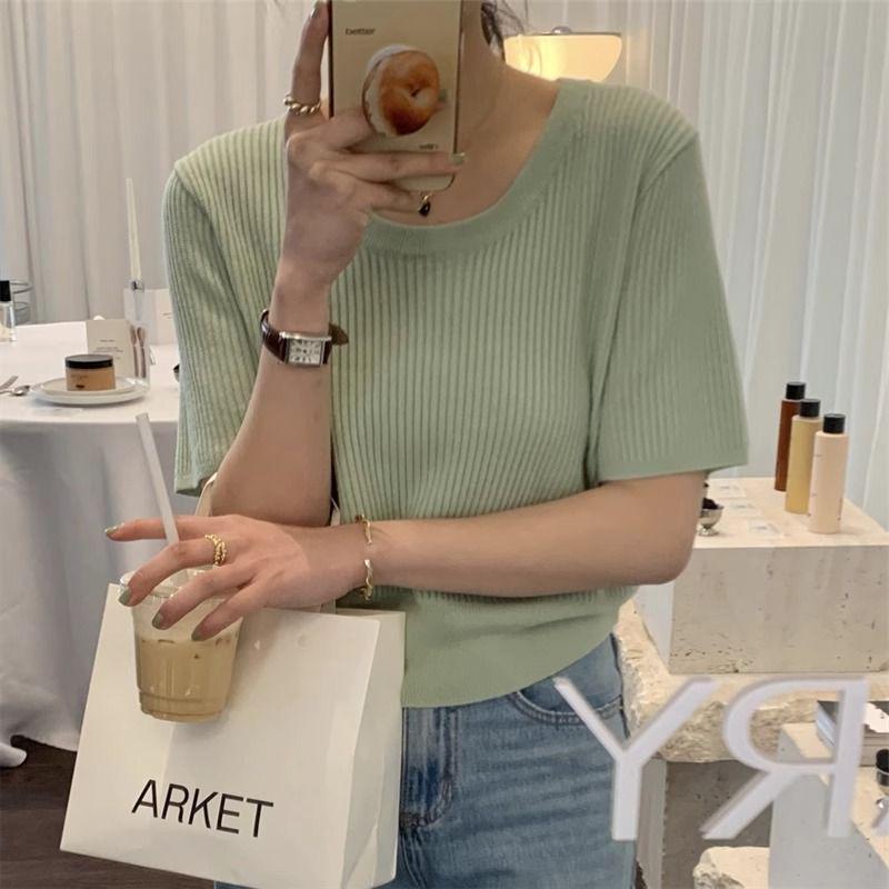 

Women s Green Fresh Knitted Short Sleeve Chic T-shirt - Summer 2025 Collection Double Extra Large