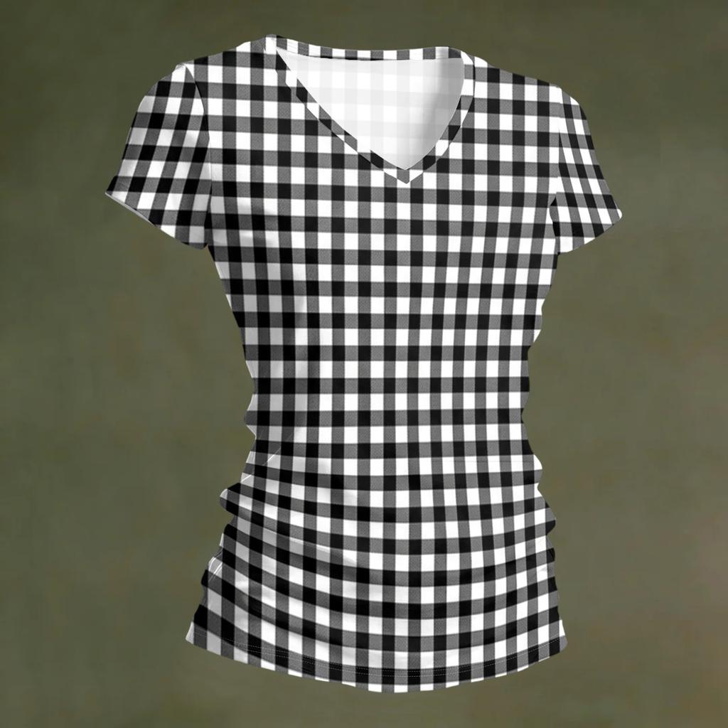 Women’s Fashionable Casual V-neck Short-sleeved Check Print Slim-fit Lightweight T-shirt Top