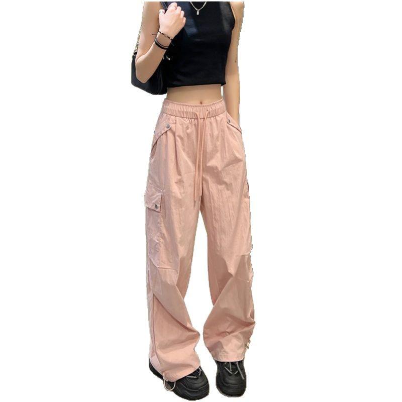 Women's American Spicy Girl Cargo Drawstring Wide Leg Casual Pants - Spring Loose Straight Leg Floor-Length Trousers