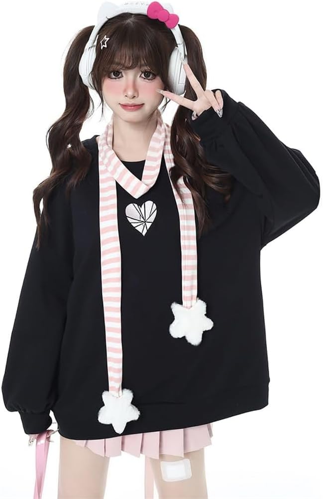Long Sleeve Loose Fit Plus Pullover Sickly Perfect for Everyday [KTNCFD] Women's Hoodie, Mass-Produced Style, Sizes, Top, Subculture, Cute, Ribbon,