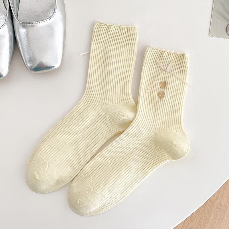 Bow Socks, Women's Mid-calf Socks, Spring and Summer Pile Socks, Embroidered Heart-shaped Trendy Cotton Socks, Long Pile Socks