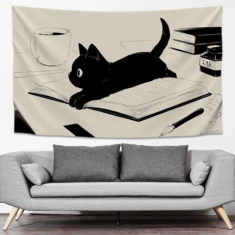 Cute Black Cat Tapestry Minimalist Sketch Style Wall Hanging Bedroom Living Room Boho Aesthetic Wall Decor Home
