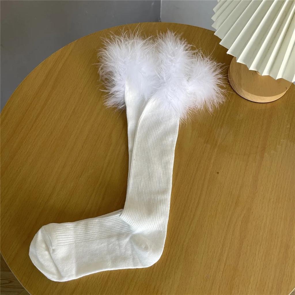 Feather Ruffle Socks Stockings Women JK Girls Solid Color Black White Long Socks Women Stockings Lolita Kawaii Cute Knee Socks