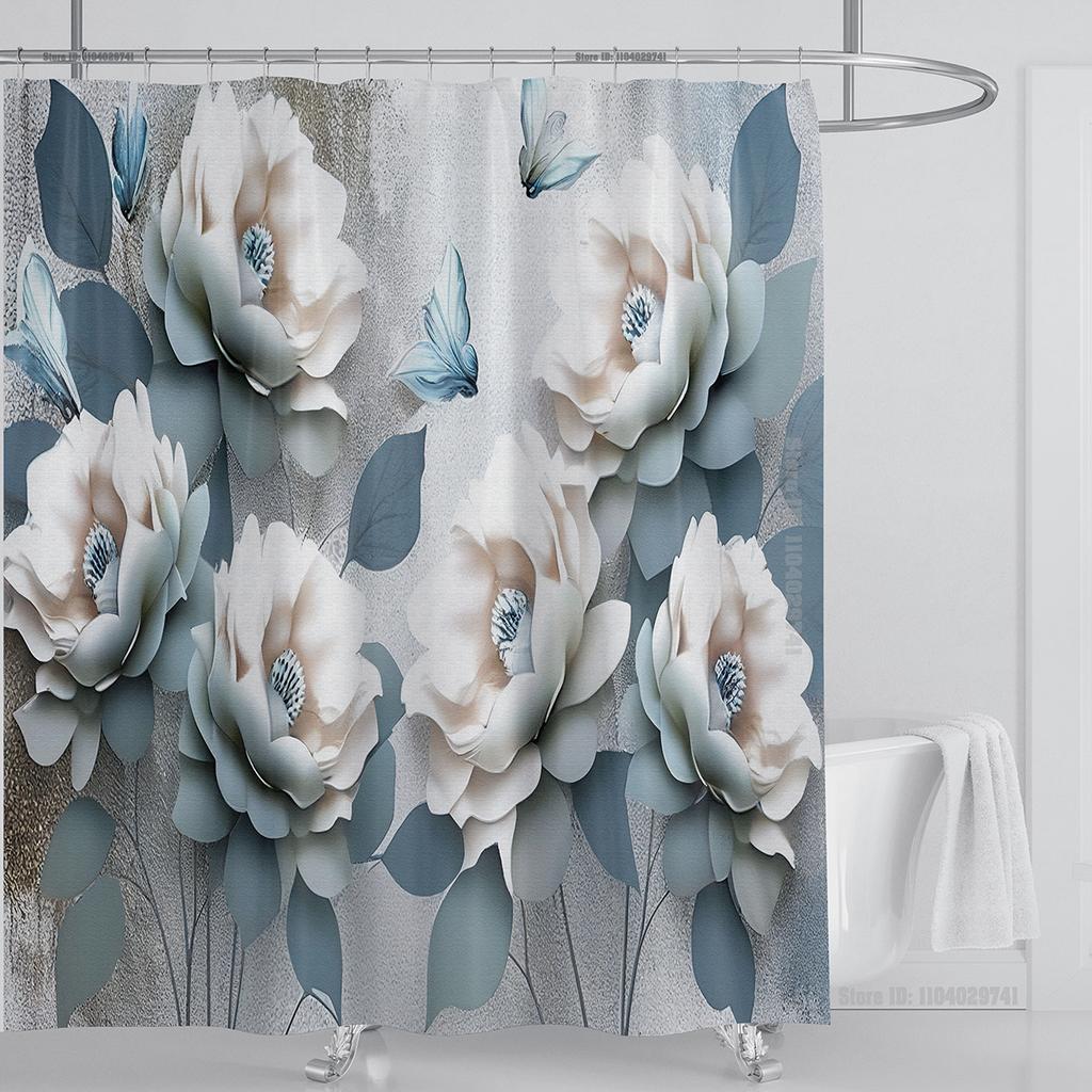 3D Stereo Beautiful Flower Printing Bathroom Curtain Waterproof Polyester Shower Curtain Home Decoration Curtain with Hooks
