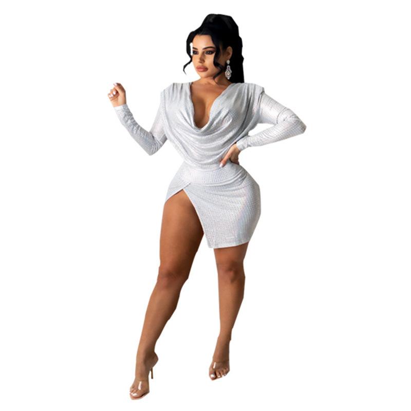 Women's Summer Drip Glue Long Sleeve Suit Women's Fashion Two-piece Deep V Pleated Slit Suit Skirt