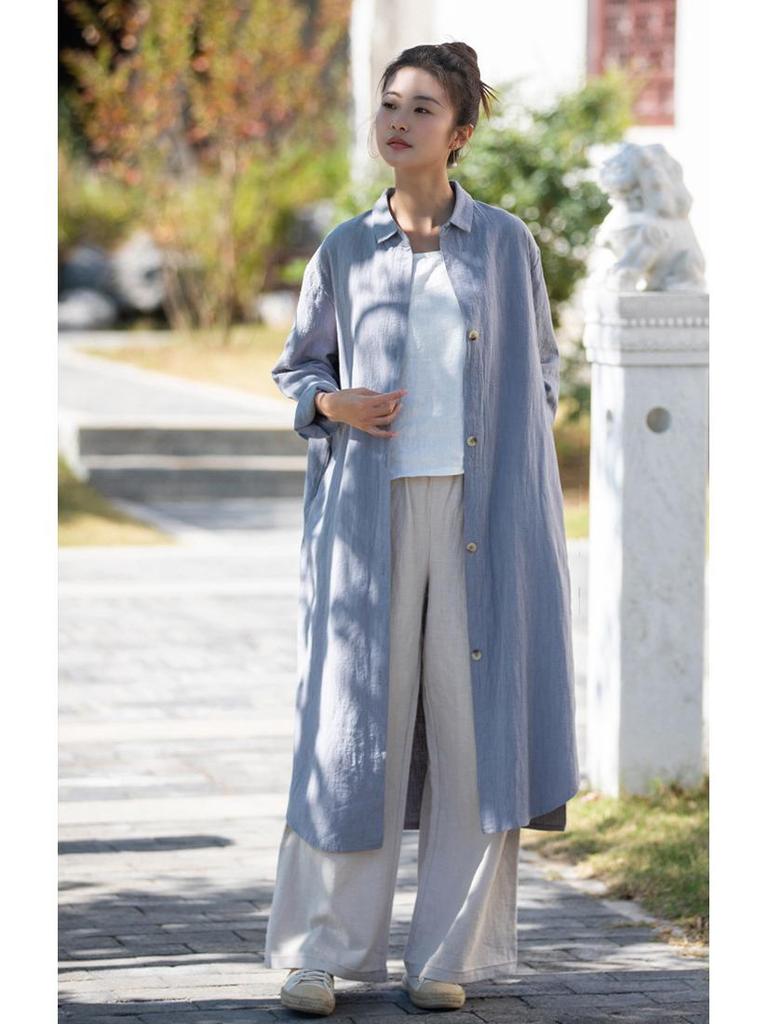 2026 Spring Women's Artistic Sand-Washed Cotton Linen Lapel Long Coat - Loose, Slimming Outerwear Cardigan