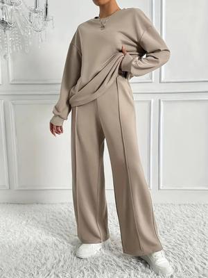 Conjunto de Lazer Feminino Marrom Claro Relaxado Gola Redonda Manga Comprida e Calças de Perna Larga